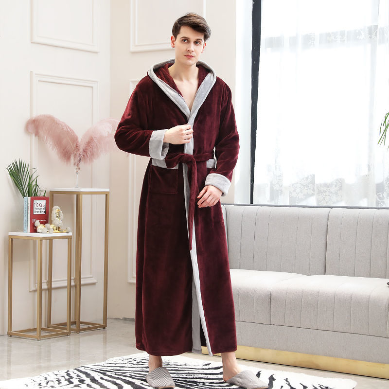 Hooded Wine Red & ColorAutumn and winter Flannel thickening lengthen robe female winter have more cash than can be accounted for lovers Bathrobe man Big size Coral velvet pajamas