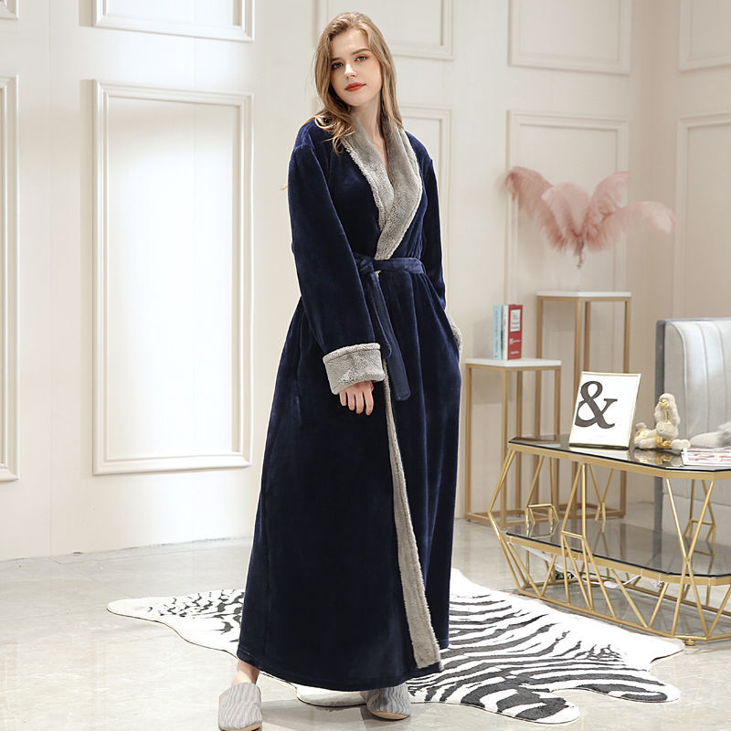 Navy Blue With Fur CollarAutumn and winter Flannel thickening lengthen robe female winter have more cash than can be accounted for lovers Bathrobe man Big size Coral velvet pajamas