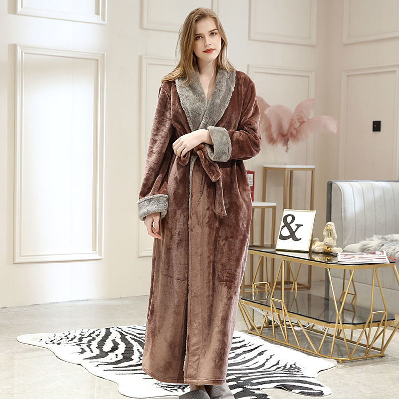 Brown Fur CollarAutumn and winter Flannel thickening lengthen robe female winter have more cash than can be accounted for lovers Bathrobe man Big size Coral velvet pajamas