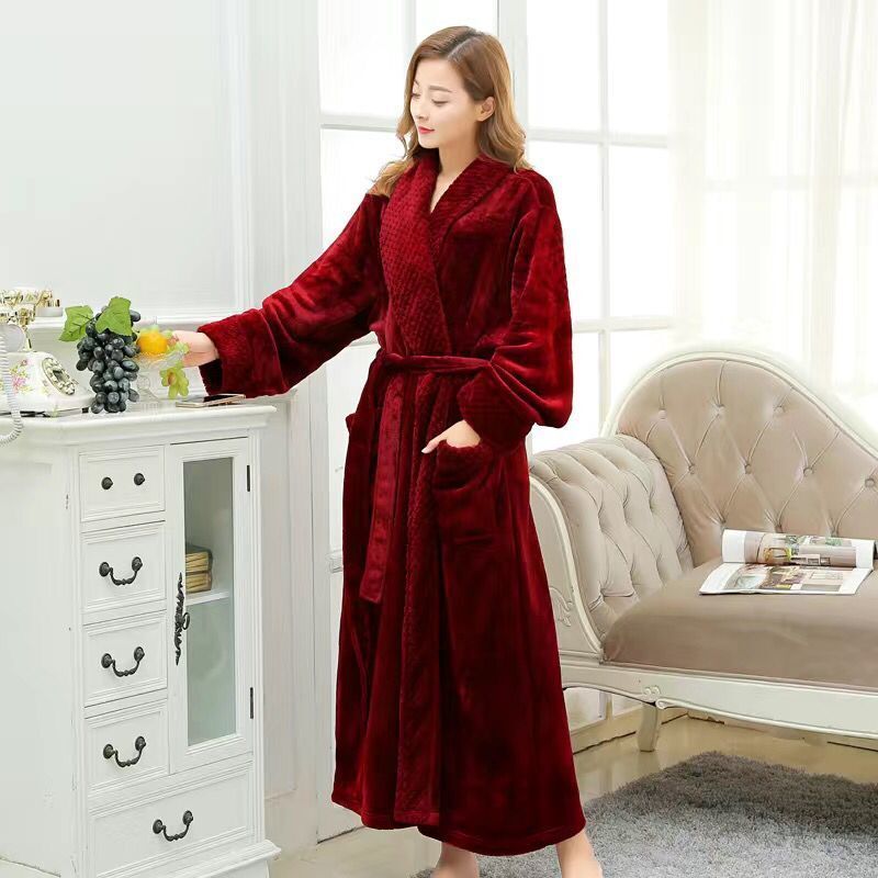 Wine RedAutumn and winter Flannel thickening lengthen robe female winter have more cash than can be accounted for lovers Bathrobe man Big size Coral velvet pajamas