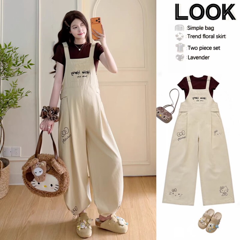 Maternity Summer Casual New Stylish Graffiti Workwear Straight-Leg Overalls Summer Short-Sleeve Top Set