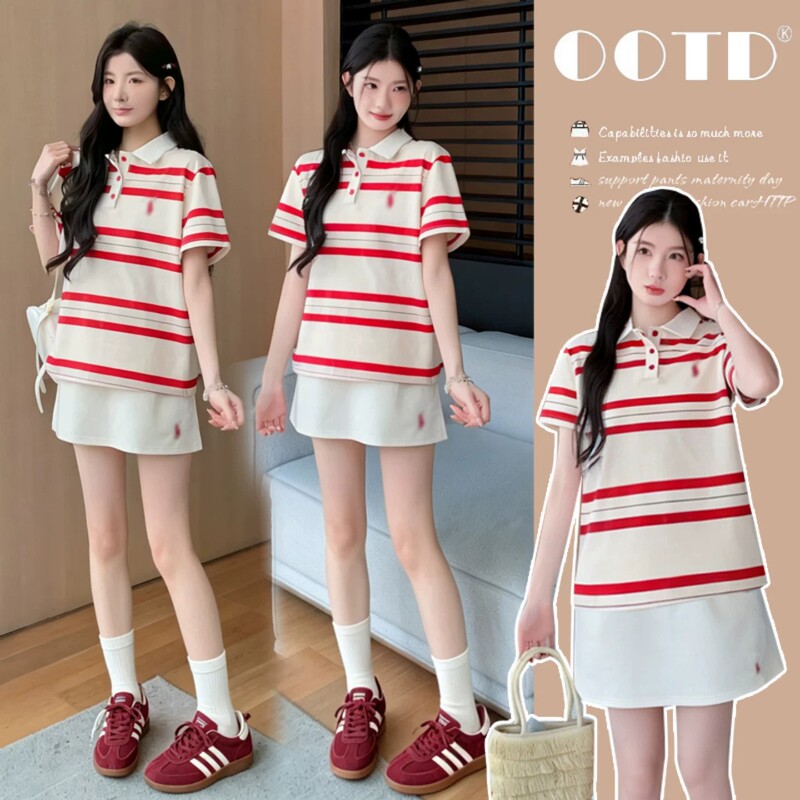 Maternity Outfit: Striped T-Shirt Top for Pregnant Women, Summer Korean Style Polo Collar Embroidered Sports Shorts Two-Piece Set