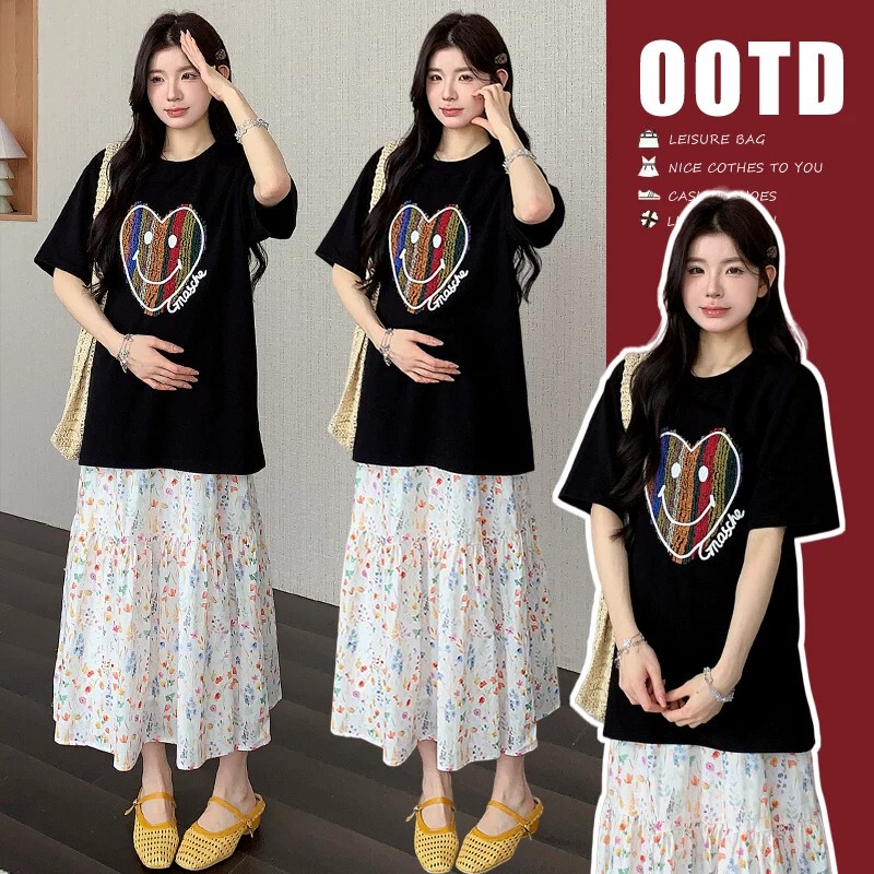 High-End Stylish Maternity Wear with Intricate Rainbow Heart Design, Beautiful Top and Floral Skirt, French-Style Outfit Set for Pregnant Moms