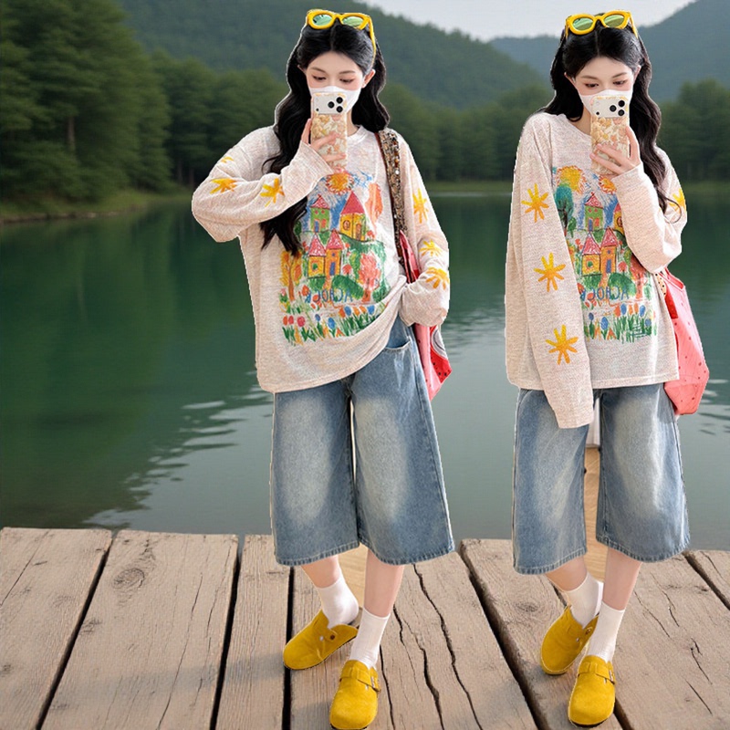 Maternity Spring and Summer Long-Sleeve Sun-Protective T-Shirt, Denim Wide-Leg Cropped Pants, Straight-Leg Stylish Maternity Outfit Set