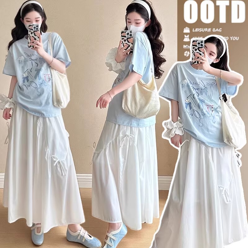 Maternity Summer Clothes 2026 New Tops T-Shirts Age-Reducing Suits Fashionable Trendy Mom Pregnancy Outfits Skirt Two-Piece Set