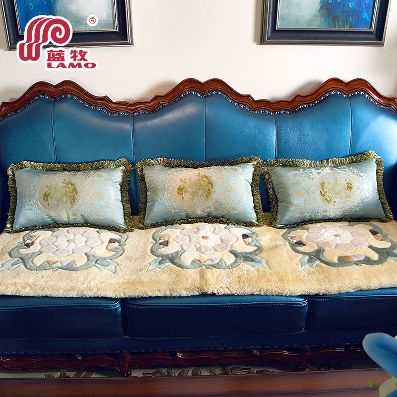 Blue shepherd wool sofa cushion single double sheepskin wool integrated chair cushion thick European-style winter seat cushion can be customized