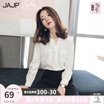 White shirt womens long-sleeved autumn 2021 overalls v-neck temperament work clothes fashion western shirt