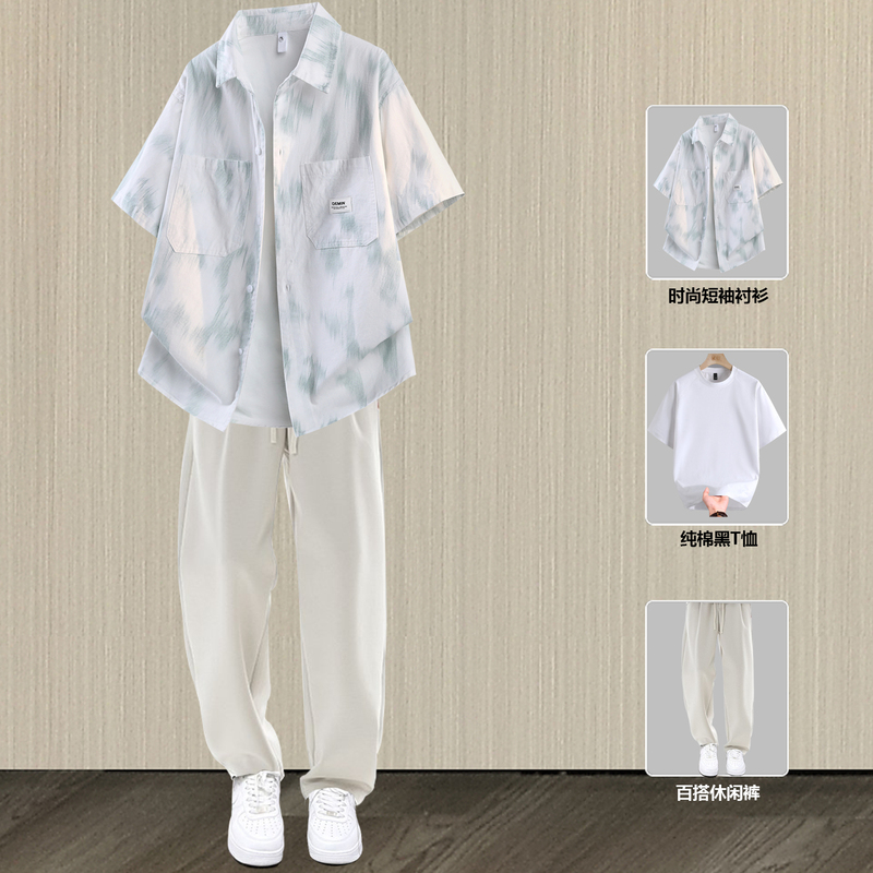 Pure Cotton Men's Short-Sleeved Shirt, High-End American Style Trendy Denim Shirt, Thin Summer Suit, Complete Set
