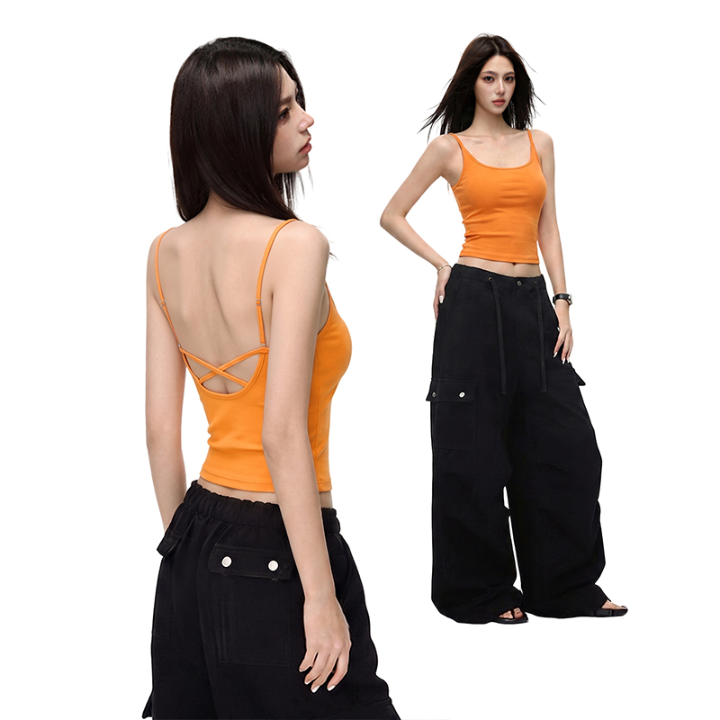 Orange Backless Camisole with Chest Pads for Women, Summer Outerwear or Inner Wear, Stunning Sleeveless Orange Top from Thailand