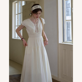 SimpleRetro晴园花语 60S棉田园风打揽彩绣法式收腰连衣裙长裙子