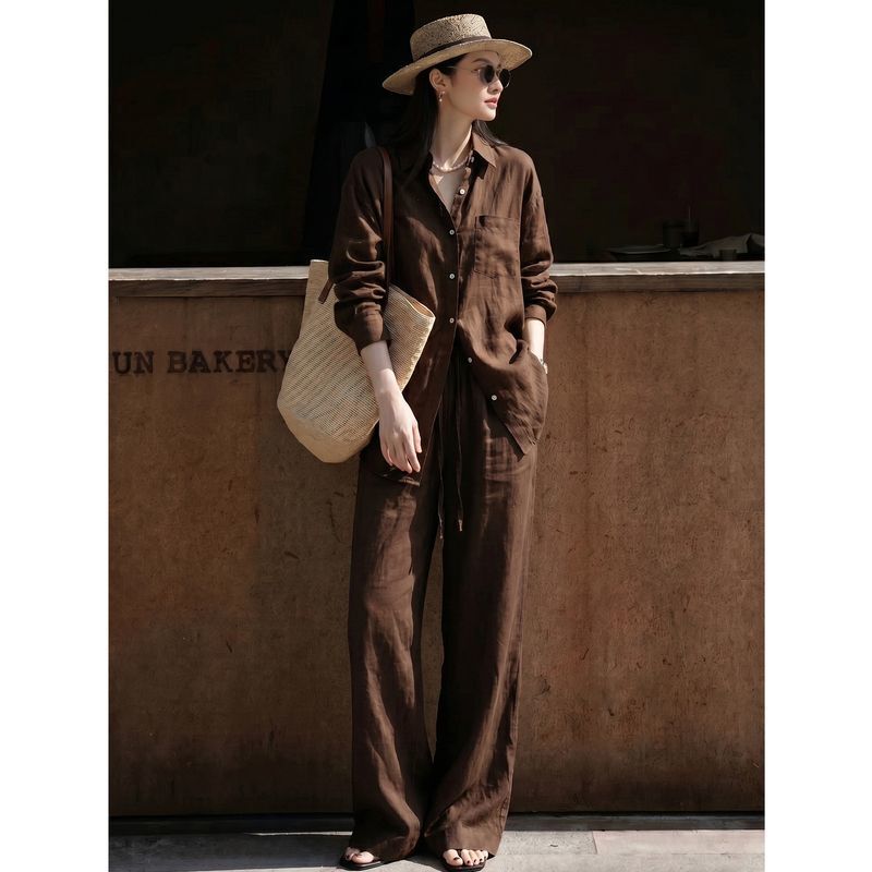 Imitation Cotton and Linen Women's Old Money Style Outfit, High-End Summer Set, Relaxed and Lazy, Sun-Protective, Retro Imitation Linen Shirt Two-Piece Set Imitation Cotton and Linen Women's Old Money Style Outfit, High-End Summer Set, Relaxed and Lazy, Sun-Protective, Retro Imitation Linen Shirt Two-Piece Set