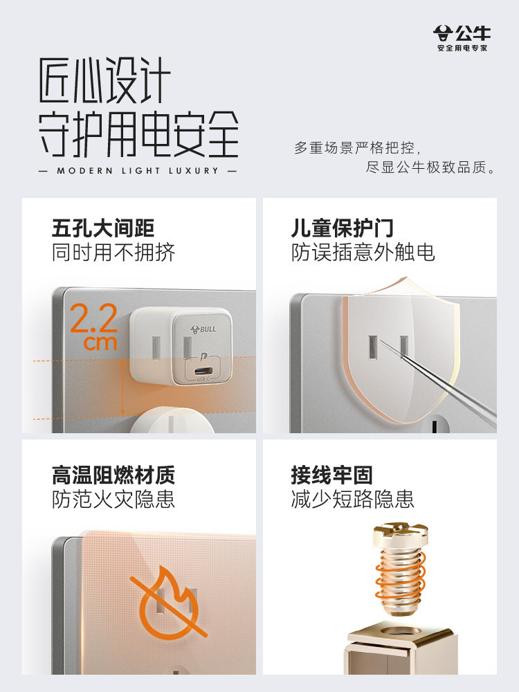 Bull Brand Switch Socket Flagship for Home Use, Ultra-Thin Wall-Mounted Concealed Air Conditioner 16A Single Switch Five-Hole with USB Panel G12 Gray