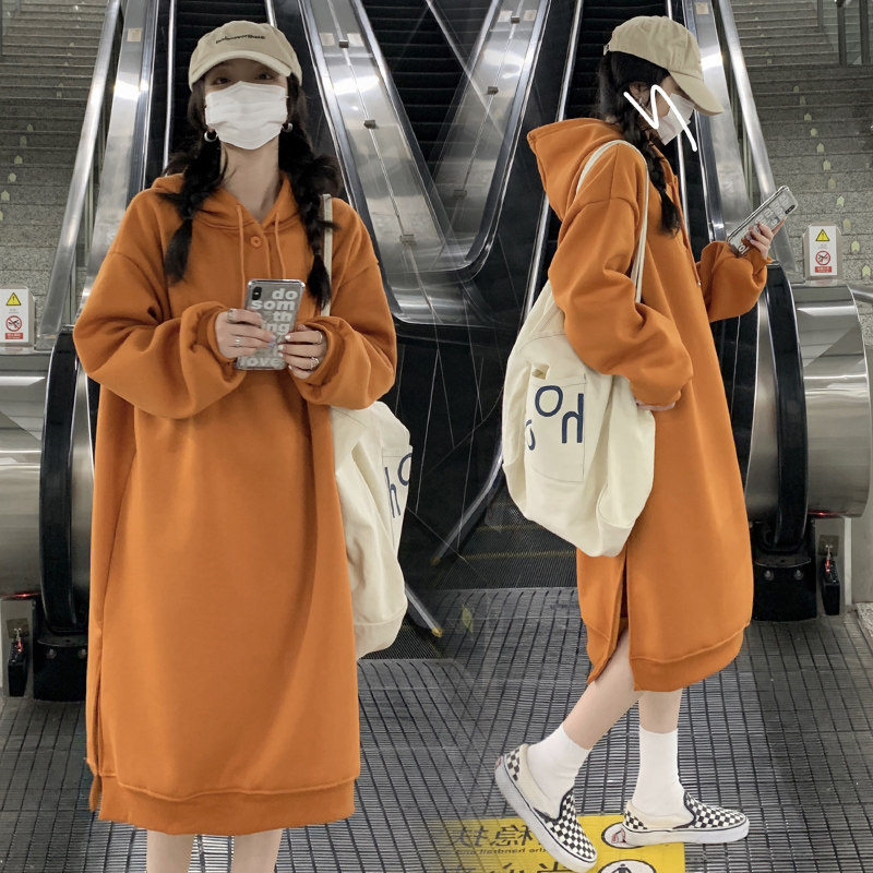 Pregnancy Woman Dress Autumn Winter Necropolis Dress Foreign Dress Spring Autumn section Long version over knee large size Loose Plus Thickened and thickened Even hat Han version