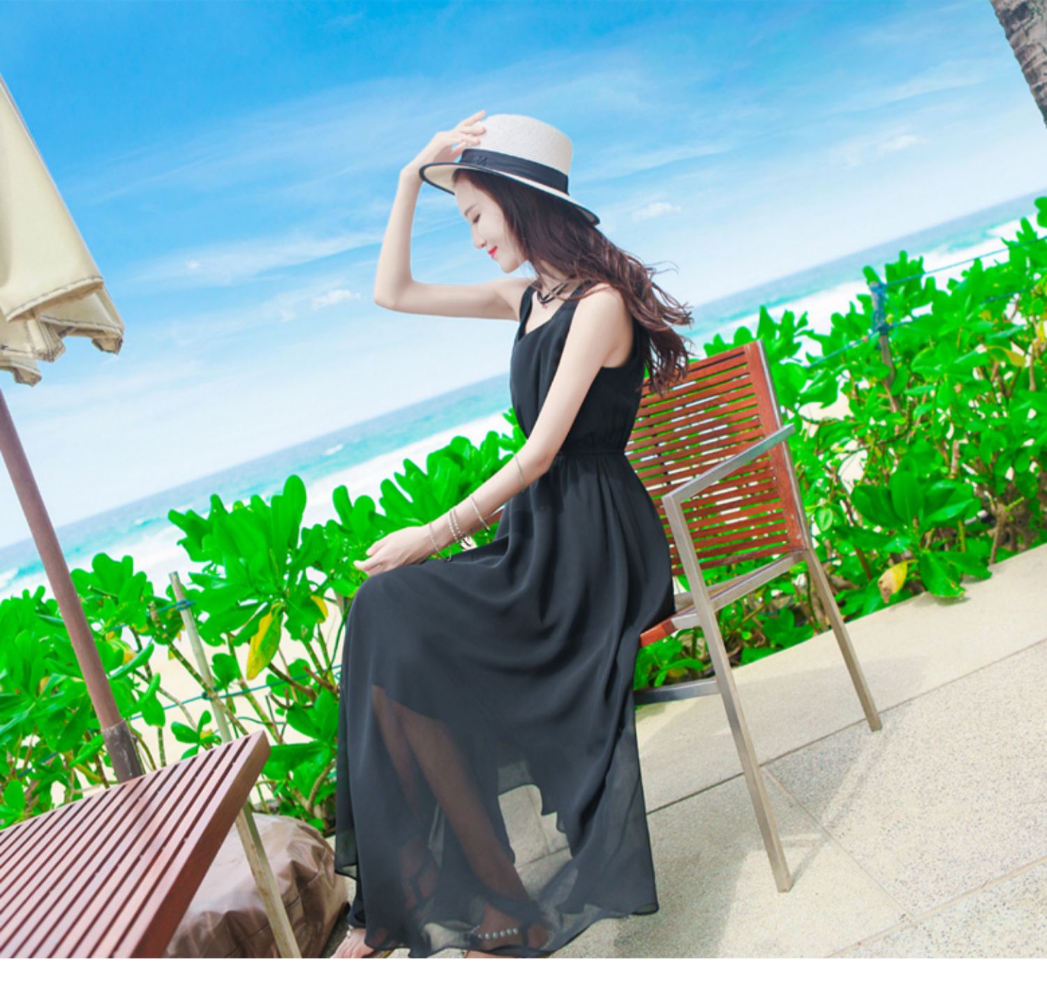 Mùa hè mới của phụ nữ màu đen mỏng lớn swing voan váy dài boho váy đi biển bên bờ biển - Váy eo cao 	váy nhung xếp ly eo