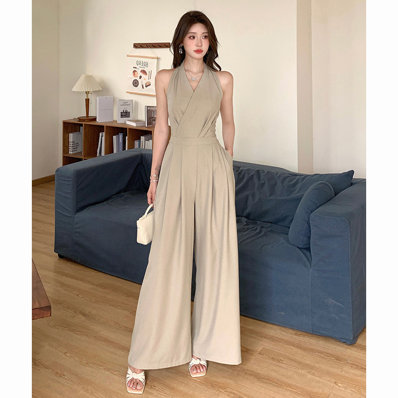 High-End V-Neck Halter Neck Sleeveless Jumpsuit for Women, Summer Elegant Style, Waist-Cinching Tie-Up Jumpsuit, High-Waisted Wide-Leg Pants, Long Pants