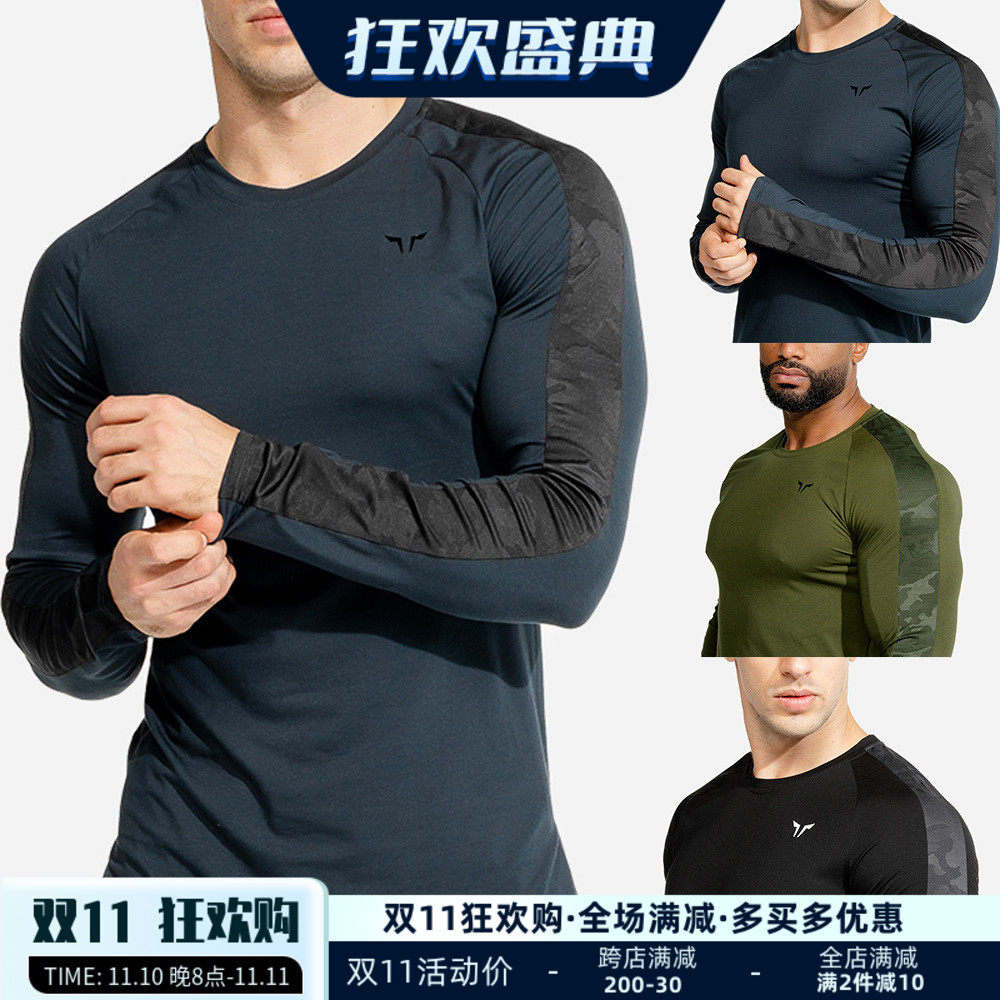 Spring new fitness muscle brother sports quick-drying T-shirt men's stretch tight running round neck outdoor long sleeves