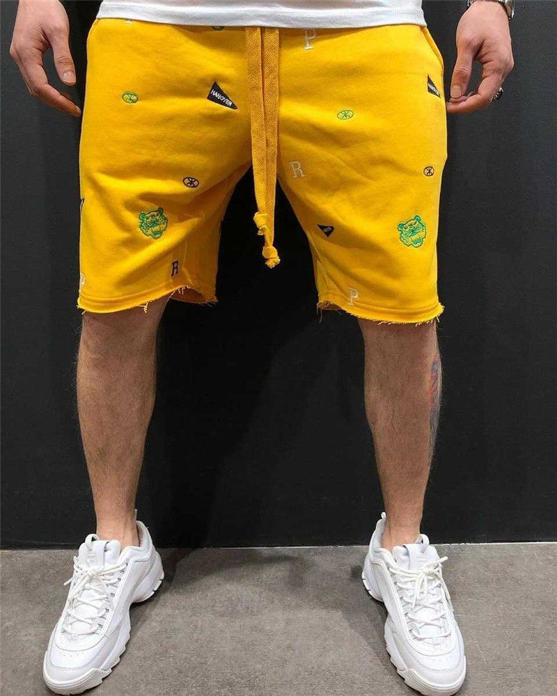 Muscle Brothers New Tide Cards Embroidered Shorts 50% Pants Sports Casual Fashion Summer Men Fitness 50% Pants