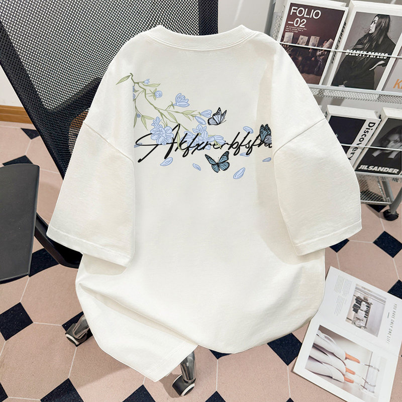 Heavy Weight 100% Pure Cotton Oversize Floral Letter Print Short-Sleeved T-Shirt for Men and Women, Loose Youth Trendy Brand Top
