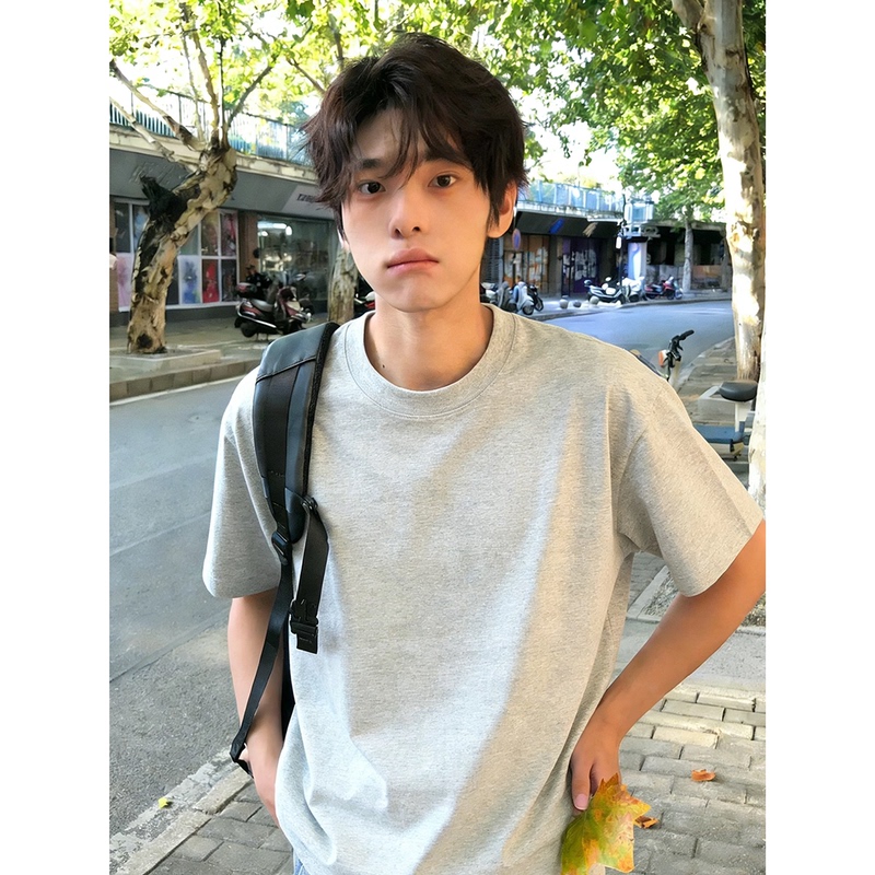 Heavy Weight 100% Pure Cotton Hong Kong Style Short-Sleeved T-Shirt for Men and Women, Loose Round Neck Pullover Top, Simple White and Gray for Teenagers