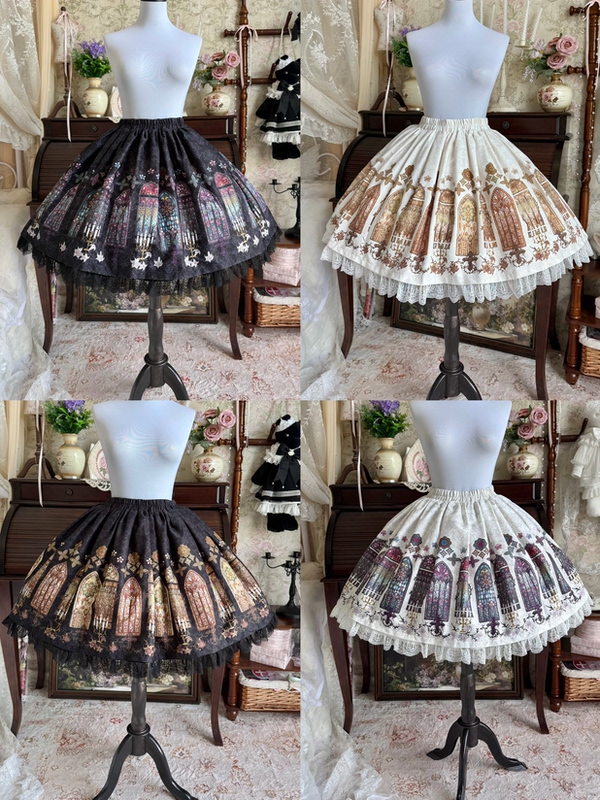 [in Stock at the Secondary Store] First-Generation Witch Original Dark Gothic Glass Flower Temple Stained Glass Skirt Sk Half-Length Skirt