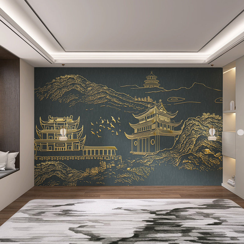 Фоновая стена 定制新中式鎏金山水墙板现代客厅电视沙发碳晶板茶室办公室防撞板 Se Liya