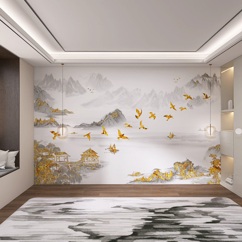 Фоновая стена 定制新中式鎏金山水墙板现代客厅电视沙发碳晶板茶室办公室防撞板 Se Liya