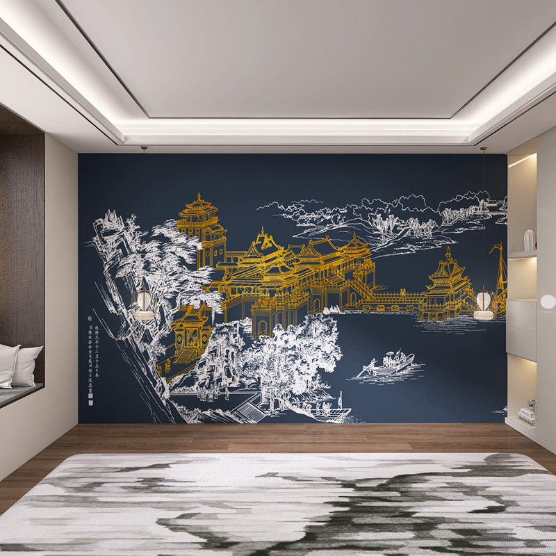 Фоновая стена 定制新中式鎏金山水墙板现代客厅电视沙发碳晶板茶室办公室防撞板 Se Liya