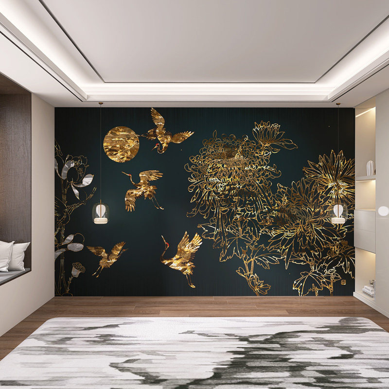 Фоновая стена 定制新中式鎏金山水墙板现代客厅电视沙发碳晶板茶室办公室防撞板 Se Liya