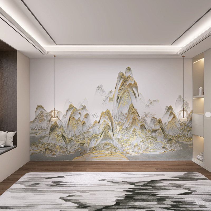 Фоновая стена 定制新中式鎏金山水墙板现代客厅电视沙发碳晶板茶室办公室防撞板 Se Liya