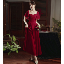 Toast Bride 2021 new autumn wine red engagement evening dress dress thanking banquet collar thin female