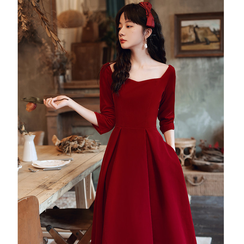 Toast dress bride 2021 new summer wine red long sleeve engagement can usually wear wedding dress temperament back door
