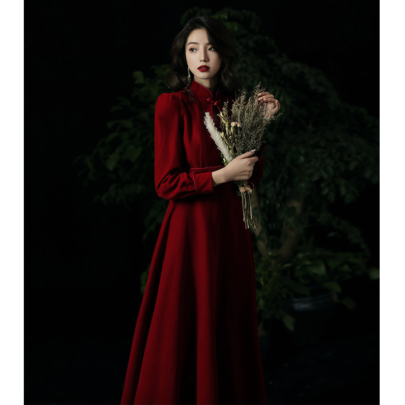 Toast bridal qipao 2022 new long version of wine red wedding gown dress Chinese can normally wear a slim woman