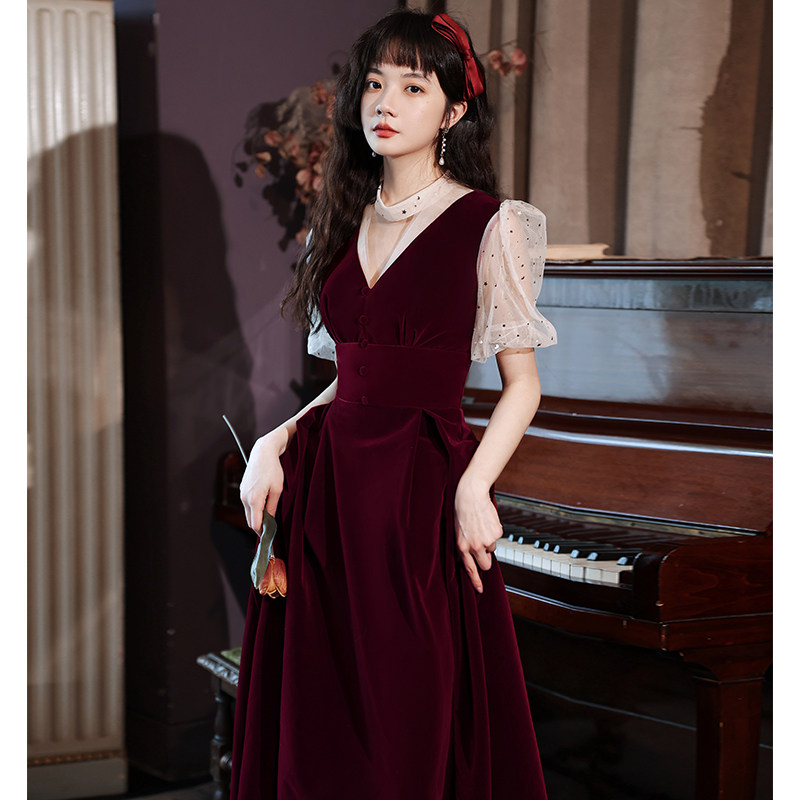 Velvet toast to the bride 2022 new summer temperament Wine Red Engagement Dress for the Elegant Woman