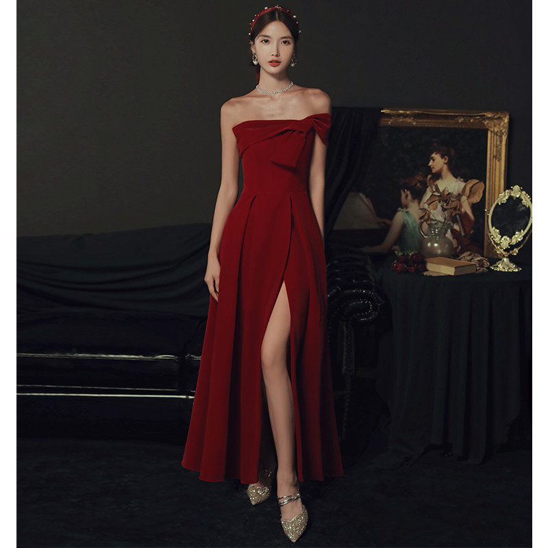 One-shoulder toast dress bride 2022 new temperament wine red wedding evening dress skirt can usually be worn by atmospheric women