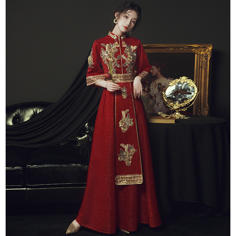 Chinese toast qipao qipao 2022 new long sleeve bridal gown wedding gown Chinese winery red color back to the slim woman