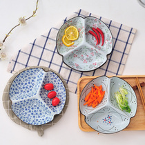 Japanese creative ceramic three-grid plate cold vegetable plate household separated meal breakfast plate microwave oven hot dish fruit platter