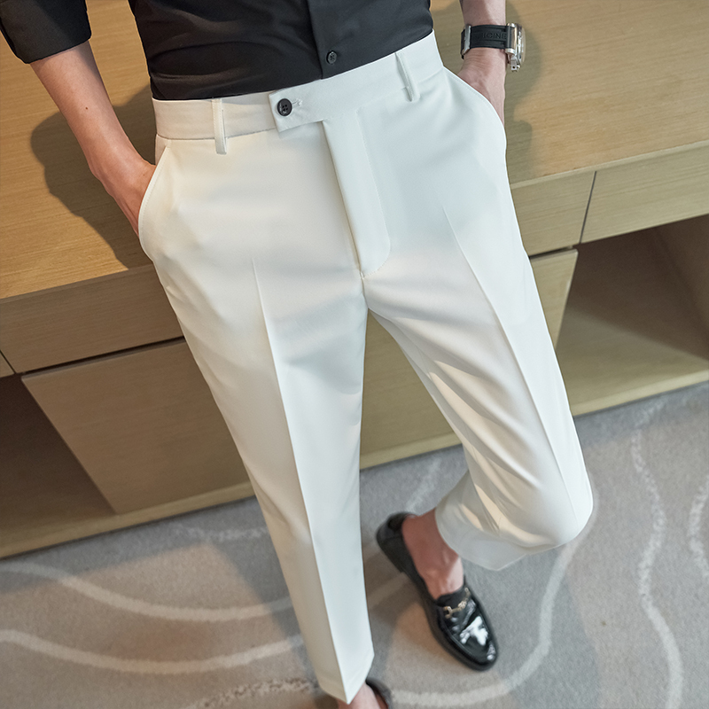 Summer Slim-Fit Drapey Dress Pants for Men, Nine-Point Length, Wrinkle-Resistant, Business Formal White Casual Trousers for Men
