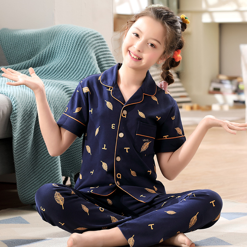 Mùa hè thanh thiếu niên pajama cô gái ngắn sleevecartoon trong cậu bé lớn mỏng bông junior học sinh trung học quần áo nhà thiết.