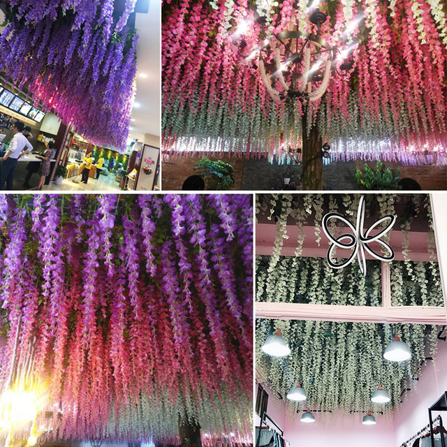 Simulated wisteria ດອກ vine ດອກປອມຫໍ່ປະມານເພດານຫ້ອງຮັບແຂກ indoor ການຕົບແຕ່ງພາດສະຕິກດອກສາຍເຊືອກເຄືອພືດຫວາຍ