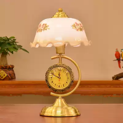 Yu Lei European-style retro bedroom bed head all copper table lamp American warm with clock dimmable study table lamp creative