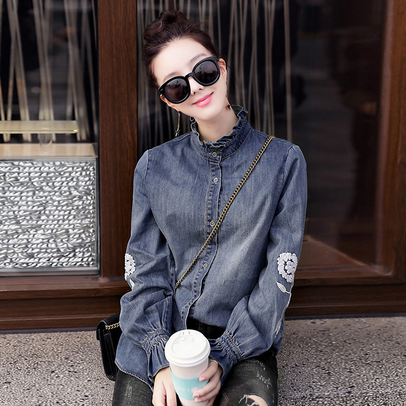 Godelin denim shirt women's 2022 spring and autumn new Korean version all-match long-sleeved thin coat embroidered stand-up collar top