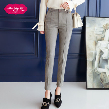 2018秋季条纹女裤韩版百搭修身格子裤女九分
