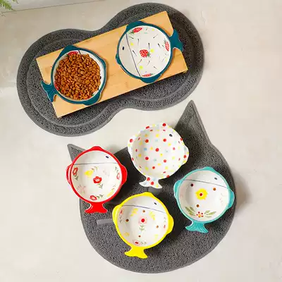 Ceramic matte dog bowl solid wood frame Pet Bowl double bowl cat rice bowl food basin water bowl dog bowl anti-knock