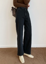 QINGLING Initial Spring Retro Wash Black Japanese Process Micro-Filled Heat and Little High-Led Broad Jeans