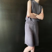 QINGLING Spring and summer new products are simple and fashionable cotton knitted with thin vest five-point loose shorts suit
