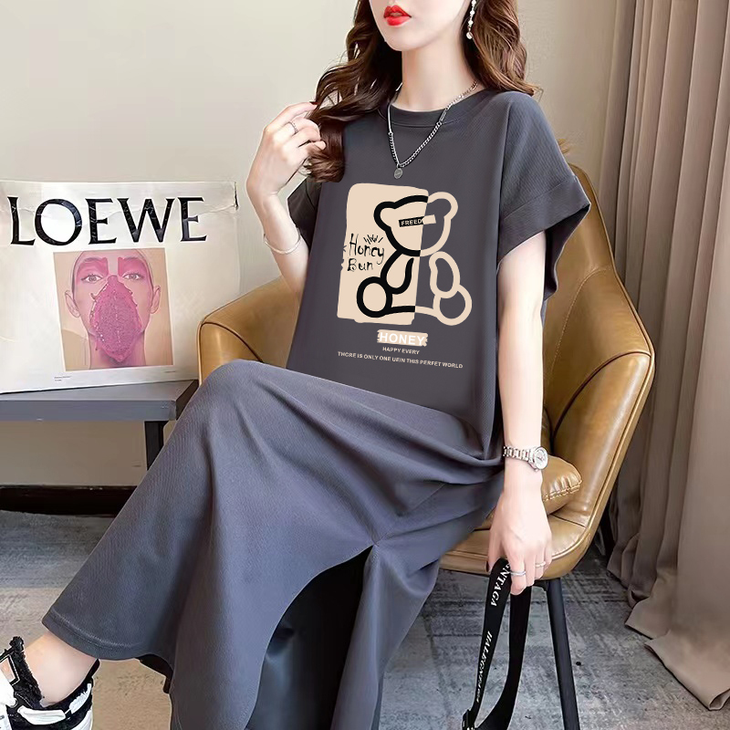Lazy Style Short-Sleeved T-Shirt Dress for Women, Summer Casual Loose Knee-Length Long Skirt, Pure Cotton Long Dress, Plus Size Women's Clothing