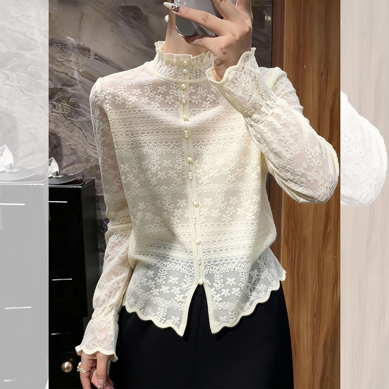 Нежная кружевная рубашка в корейском стиле, женская рубашка с воротником-стойкой, вышитая бисером, нижняя рубашка с длинными рукавами в западном стиле, блузка, уменьшающая возраст, осень и зима, новый стиль