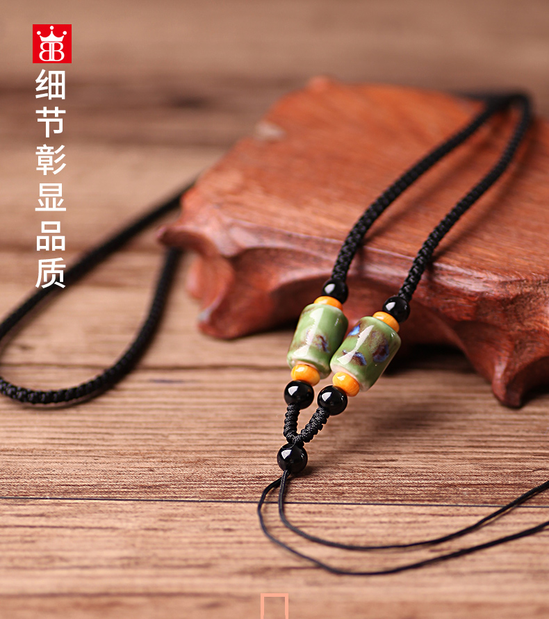 Ceramic barrel bead necklace black rope wek - jin and hand - woven art pendant hang rope restoring ancient ways men and women with hang rope