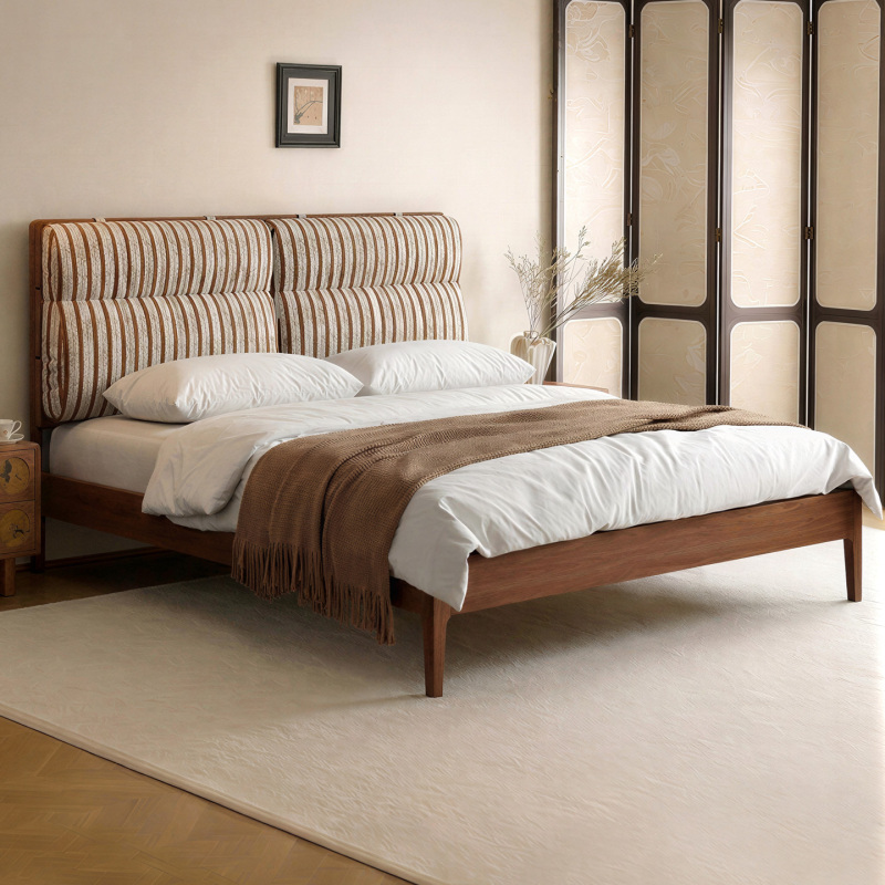 Fengchun/Double Pillow Bed, Antique-Style Solid Wood Bed, Master Bedroom Double Bed, French Retro Bed, Removable and Washable Fabric Bed