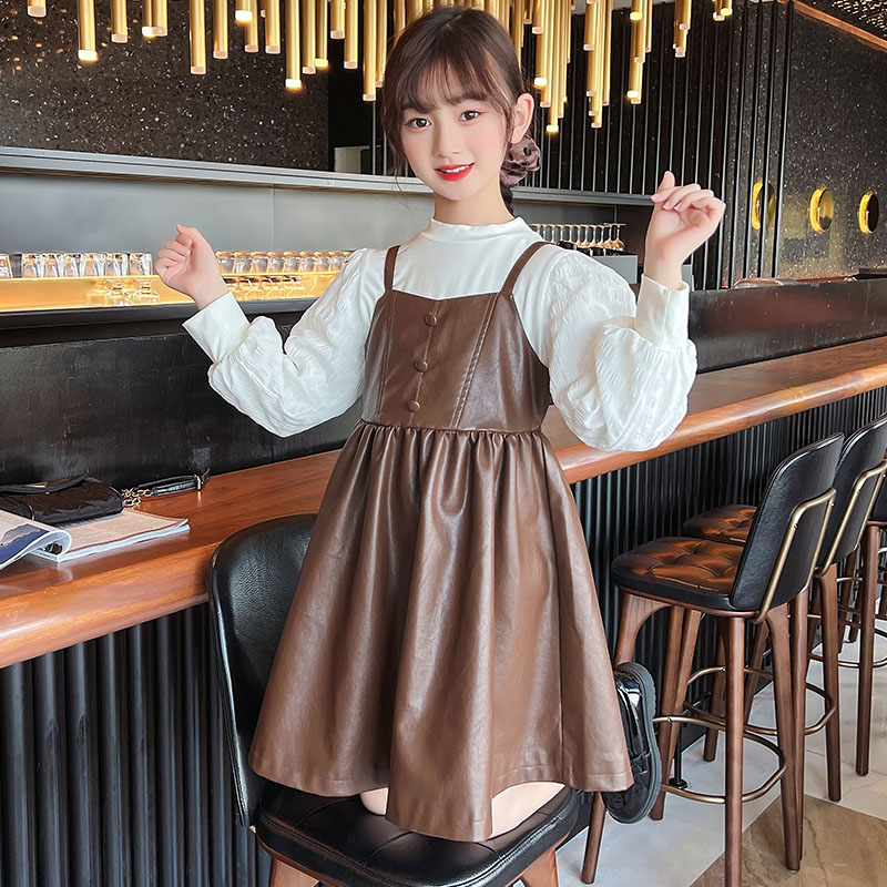 Girl Lian Dress Spring Autumn 2023 New Ocean Gas Trendy Leather Skirt Suit Children Dress Braces Skirt Clothes-Taobao